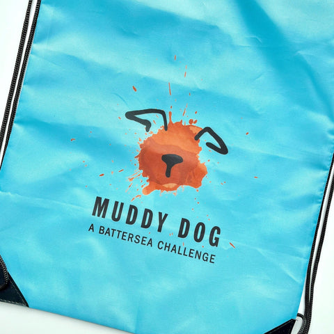 Battersea Muddy Dog Drawstring Bag, Muddy Dog, muddy dog merchandise, Battersea Branded, Battersea merchandise, muddy dog challenge, muddy dog event, bag, drawstring bag, blue bag