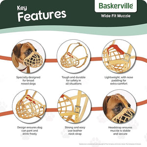 Baskerville Wide Fit Anti Scavenge Muzzle for Dogs, brachycephalic muzzle, staffies, boxers, rottweillers, mastiffs, short nosed dogs, dog muzzle, basket muzzle