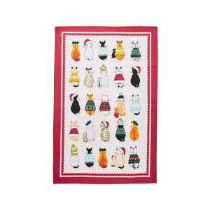 Christmas Cats in Waiting Cotton Tea Towel, tea towel, kitchenware, cats, christmas presents,