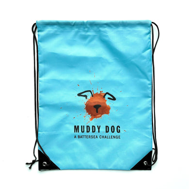Battersea Muddy Dog Drawstring Bag, Muddy Dog, muddy dog merchandise, Battersea Branded, Battersea merchandise, muddy dog challenge, muddy dog event, bag, drawstring bag, blue bag