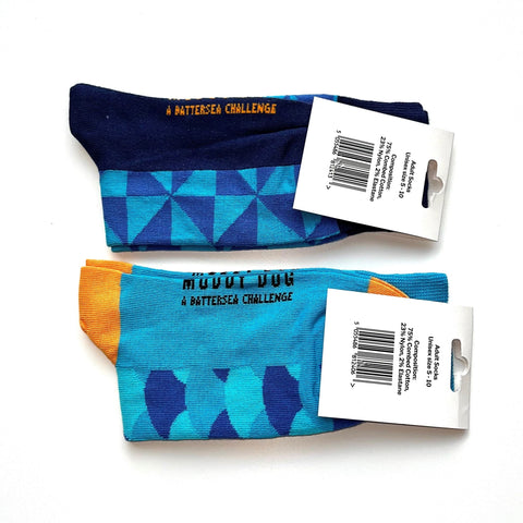 Battersea Muddy Dog Socks, Muddy Dog, muddy dog merchandise, Battersea Branded, Battersea merchandise, muddy dog challenge, muddy dog event, socks, patterned socks, blue socks