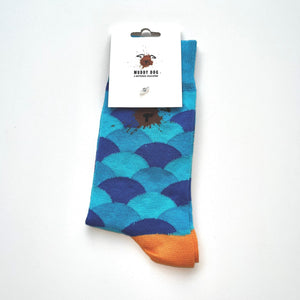 Battersea Muddy Dog Socks, Muddy Dog, muddy dog merchandise, Battersea Branded, Battersea merchandise, muddy dog challenge, muddy dog event, socks, patterned socks, blue socks