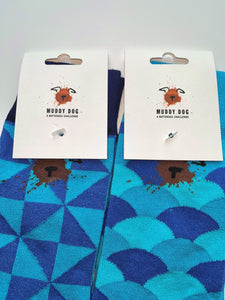 Battersea Muddy Dog Socks, Muddy Dog, muddy dog merchandise, Battersea Branded, Battersea merchandise, muddy dog challenge, muddy dog event, socks, patterned socks, blue socks