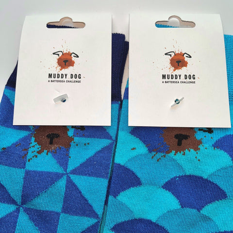 Battersea Muddy Dog Socks, Muddy Dog, muddy dog merchandise, Battersea Branded, Battersea merchandise, muddy dog challenge, muddy dog event, socks, patterned socks, blue socks