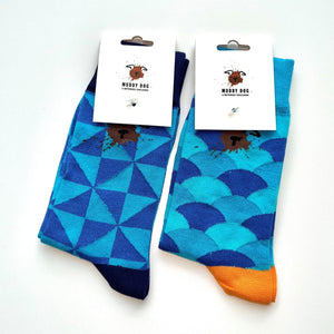 Battersea Muddy Dog Socks, Muddy Dog, muddy dog merchandise, Battersea Branded, Battersea merchandise, muddy dog challenge, muddy dog event, socks, patterned socks, blue socks