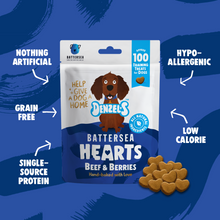 Load image into Gallery viewer, Denzel&#39;s Battersea Hearts For Dogs Treats 90g