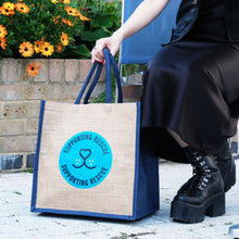 Load image into Gallery viewer, Battersea Wear Blue for Rescue Jute Tote Bag, WBFR jute tote bag, Battersea jute tote bag, Wear Blue for Rescue, Battersea, WBFR, Battersea branded, Battersea merchandise, Supporting Rescue, Rescue is my favourite breed, wearblueforrescue,