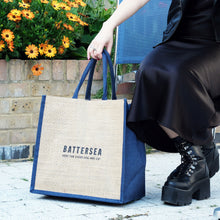 Load image into Gallery viewer, Battersea Wear Blue for Rescue Jute Tote Bag, WBFR jute tote bag, Battersea jute tote bag, Wear Blue for Rescue, Battersea, WBFR, Battersea branded, Battersea merchandise, Supporting Rescue, Rescue is my favourite breed, wearblueforrescue,
