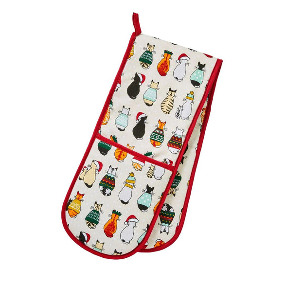 Christmas Cats in Waiting Cotton Double Oven Glove, oven glove, kitchenware, cats, christmas presents