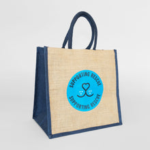 Load image into Gallery viewer, Battersea Wear Blue for Rescue Jute Tote Bag, WBFR jute tote bag, Battersea jute tote bag, Wear Blue for Rescue, Battersea, WBFR, Battersea branded, Battersea merchandise, Supporting Rescue, Rescue is my favourite breed, wearblueforrescue, 