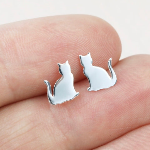 Silver Shiny Cat Stud Earrings